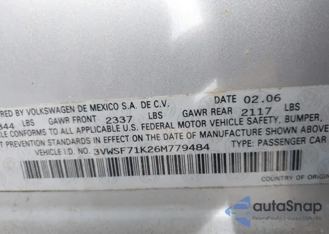 2006 Volkswagen Jetta 2.5 from USA, damaged, VIN 3VWSF71K26M779484